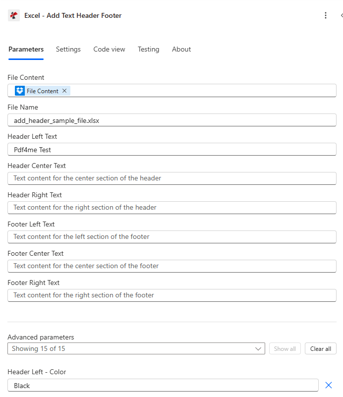 La acción Agregar texto al encabezado y pie de página de Power Automate PDF4me está configurada con el contenido del archivo, el nombre del archivo add_header_sample_file.xlsx, el texto del encabezado izquierdo Pdf4me Test, el texto del encabezado central y derecho vacío, el texto del pie de página izquierdo, central y derecho vacío, y los parámetros avanzados que muestran el color del encabezado izquierdo configurado en negro.